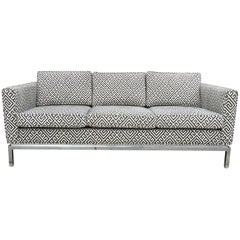 Knoll Style Mid-Century Modern Chrome Sofa in Grey Greek Key Cut Velvet