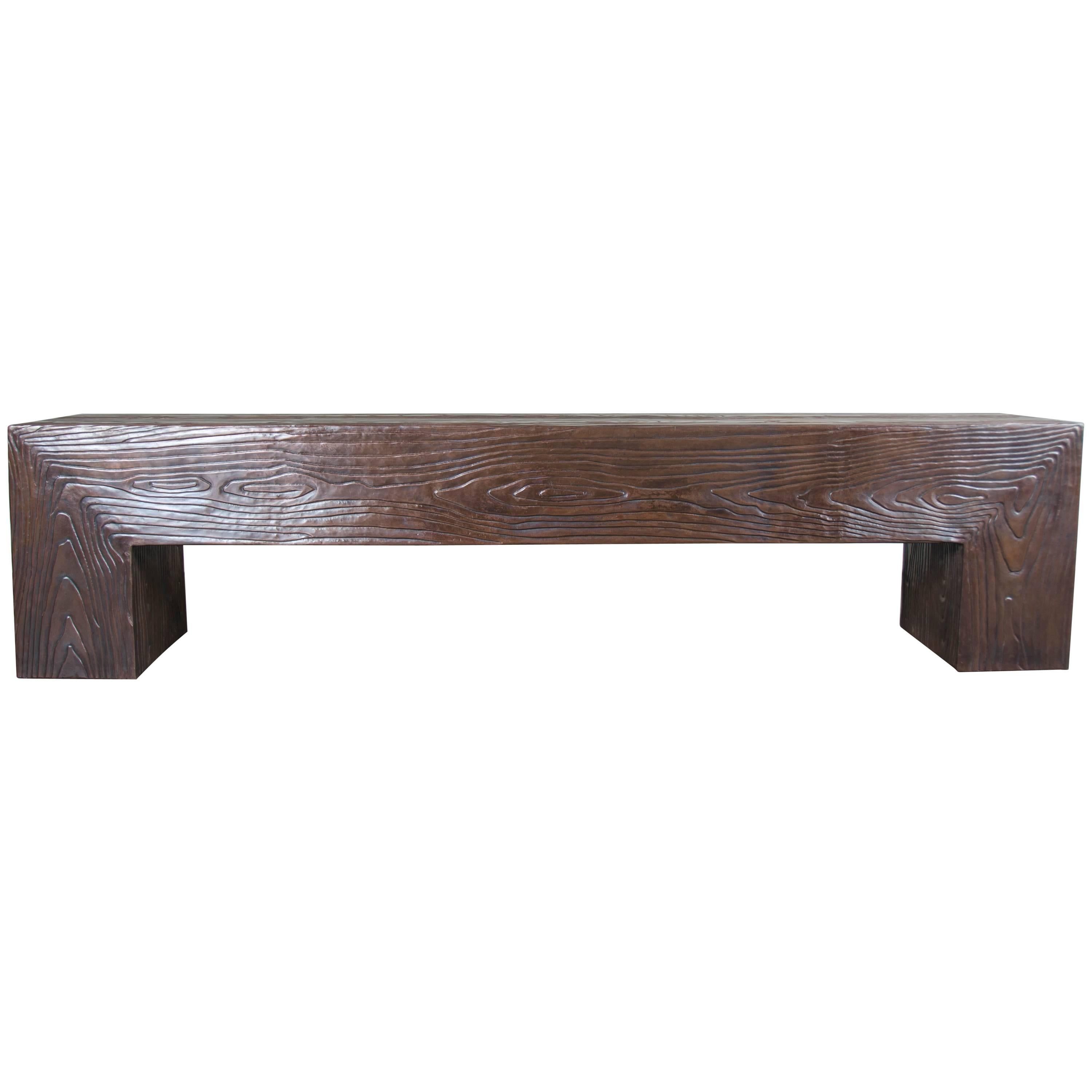 Long Woodgrain Bench - Antique Copper by Robert Kuo, Limited Edition For Sale