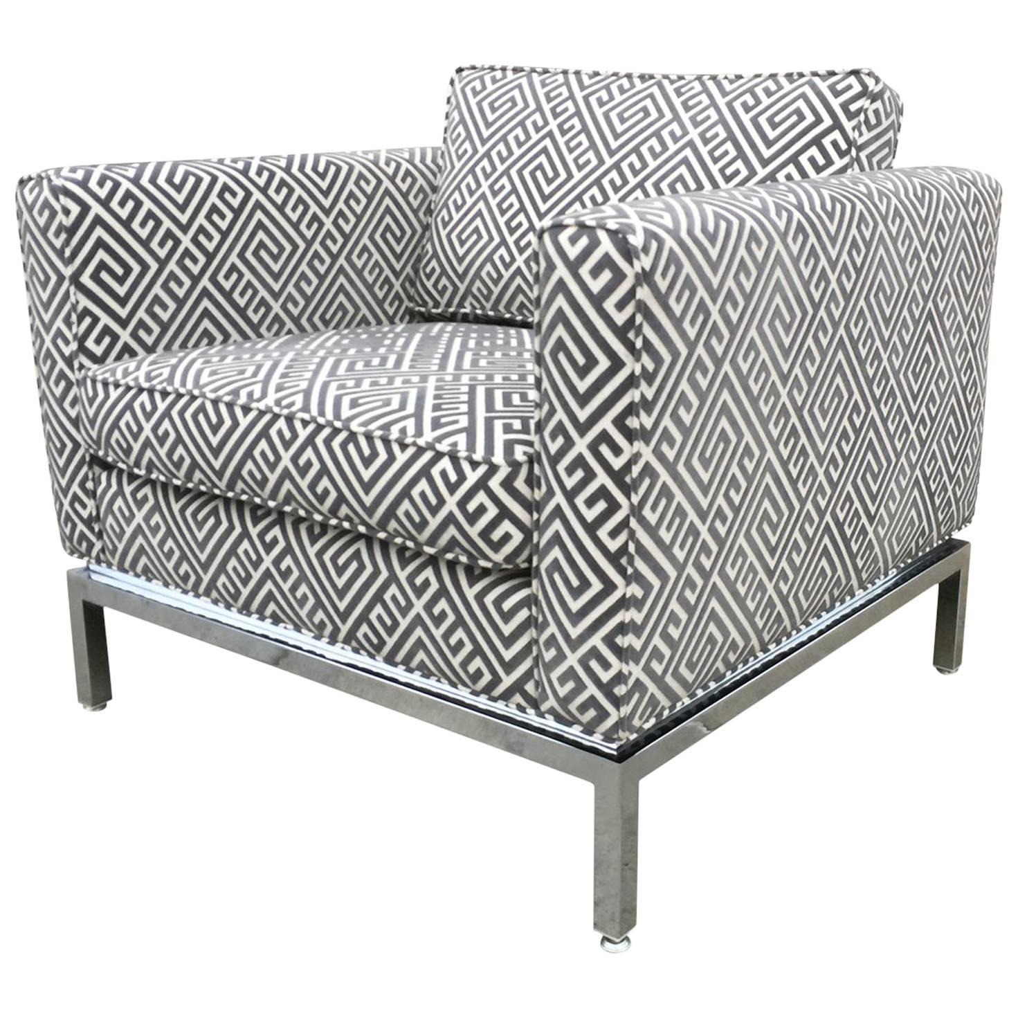 Knoll Style Mid-Century Modern Chrome Sofa in Grey Greek Key Cut Velvet
