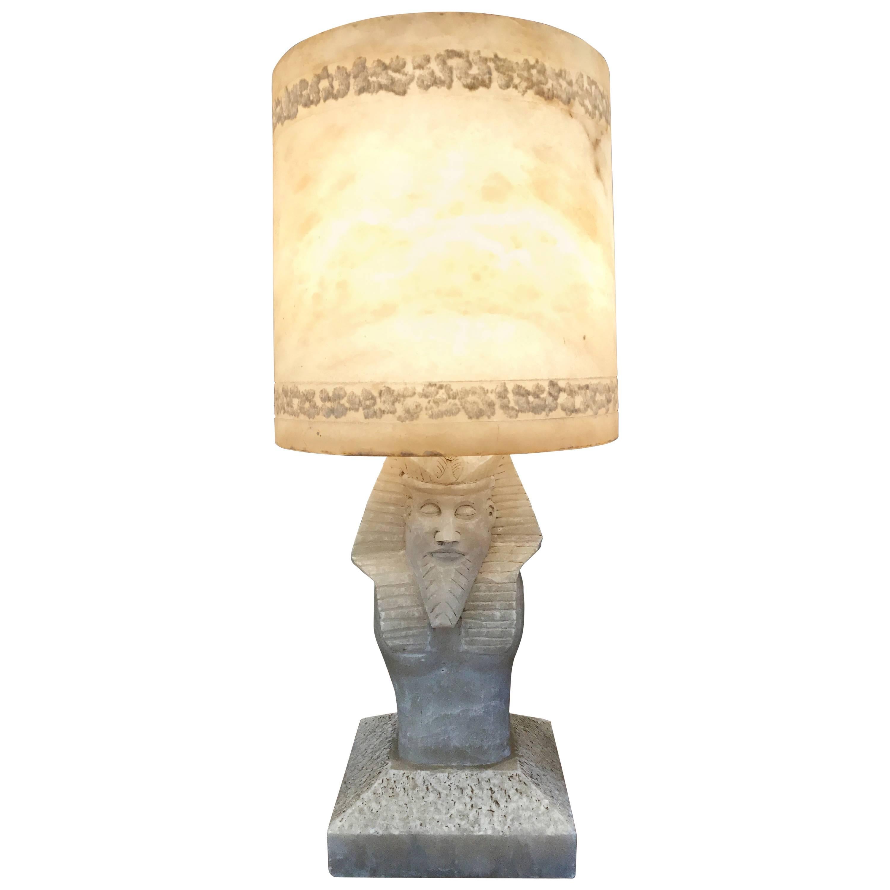 Early 20th Century Egyptian Pharaoh Alabaster Table Lamp with Alabaster Shade