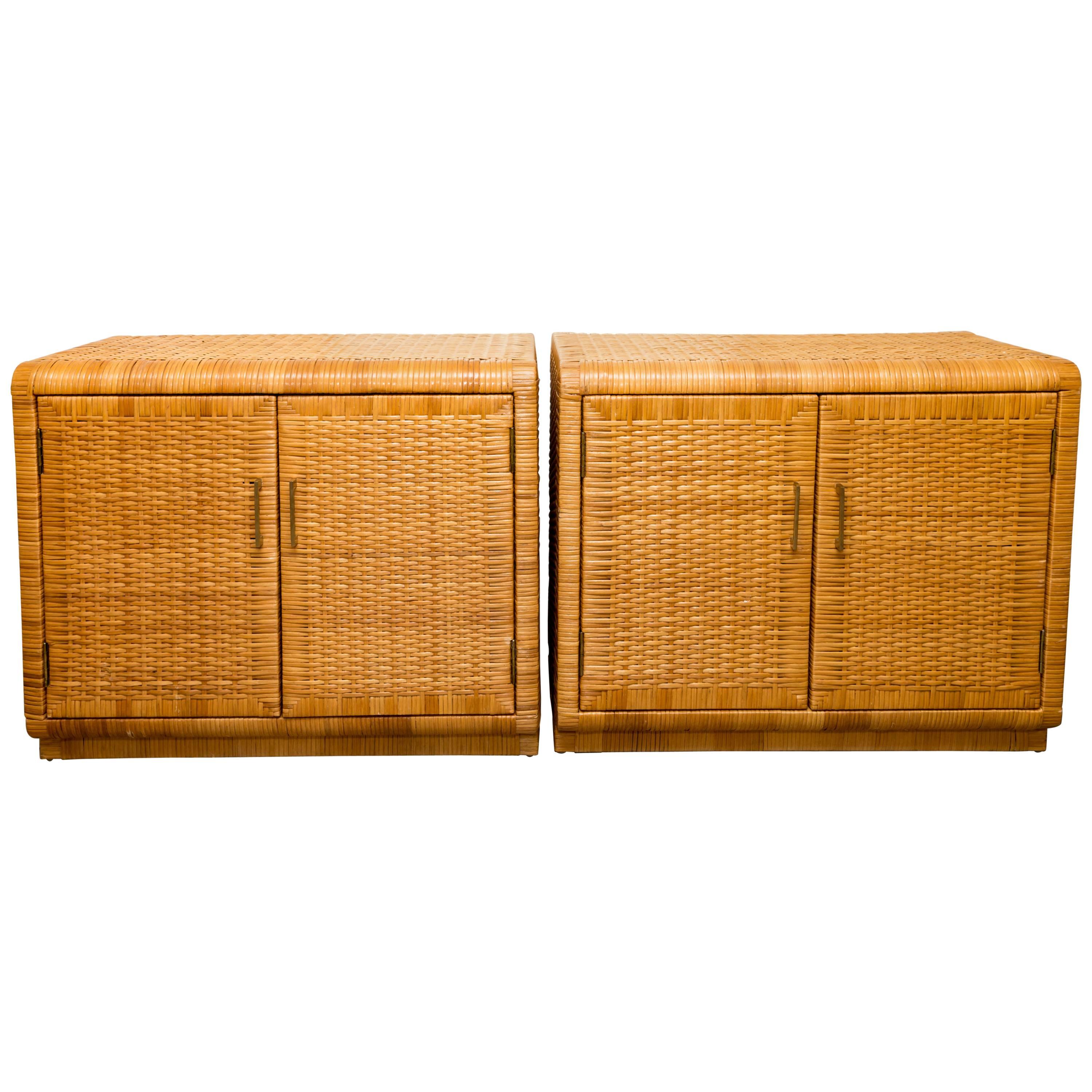 Pair of Rattan Cabinets with Interior Glass Shelf and Brass Detail