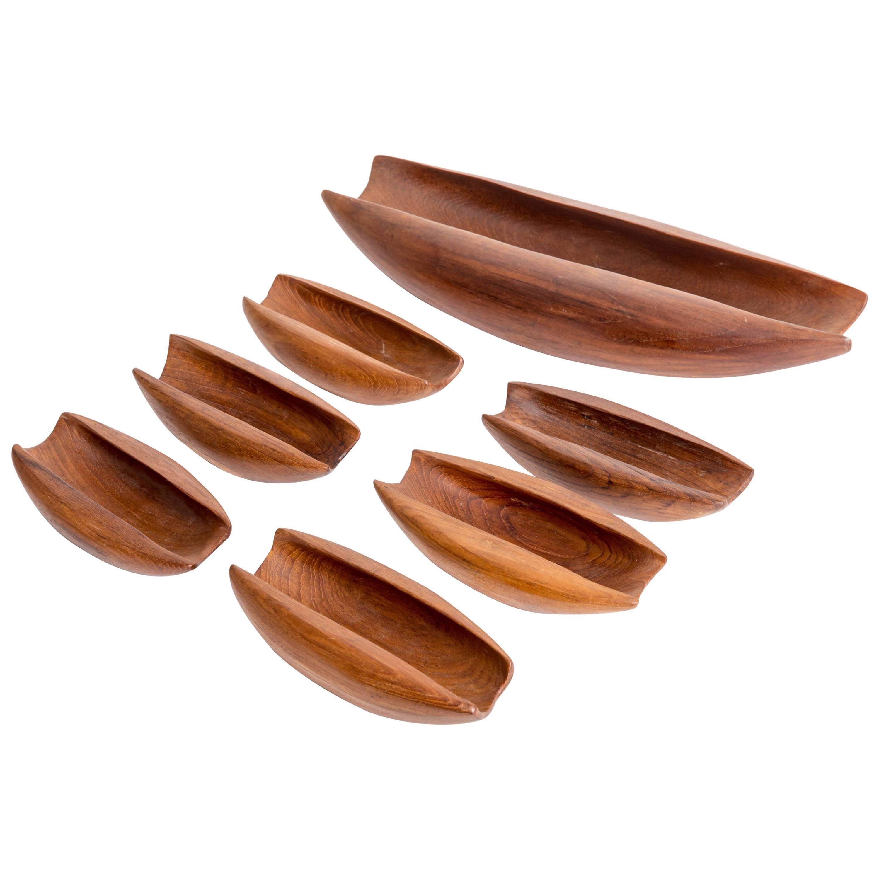 Seven Pieces Solid Teak Vessels Carved from Single Pieces of Wood