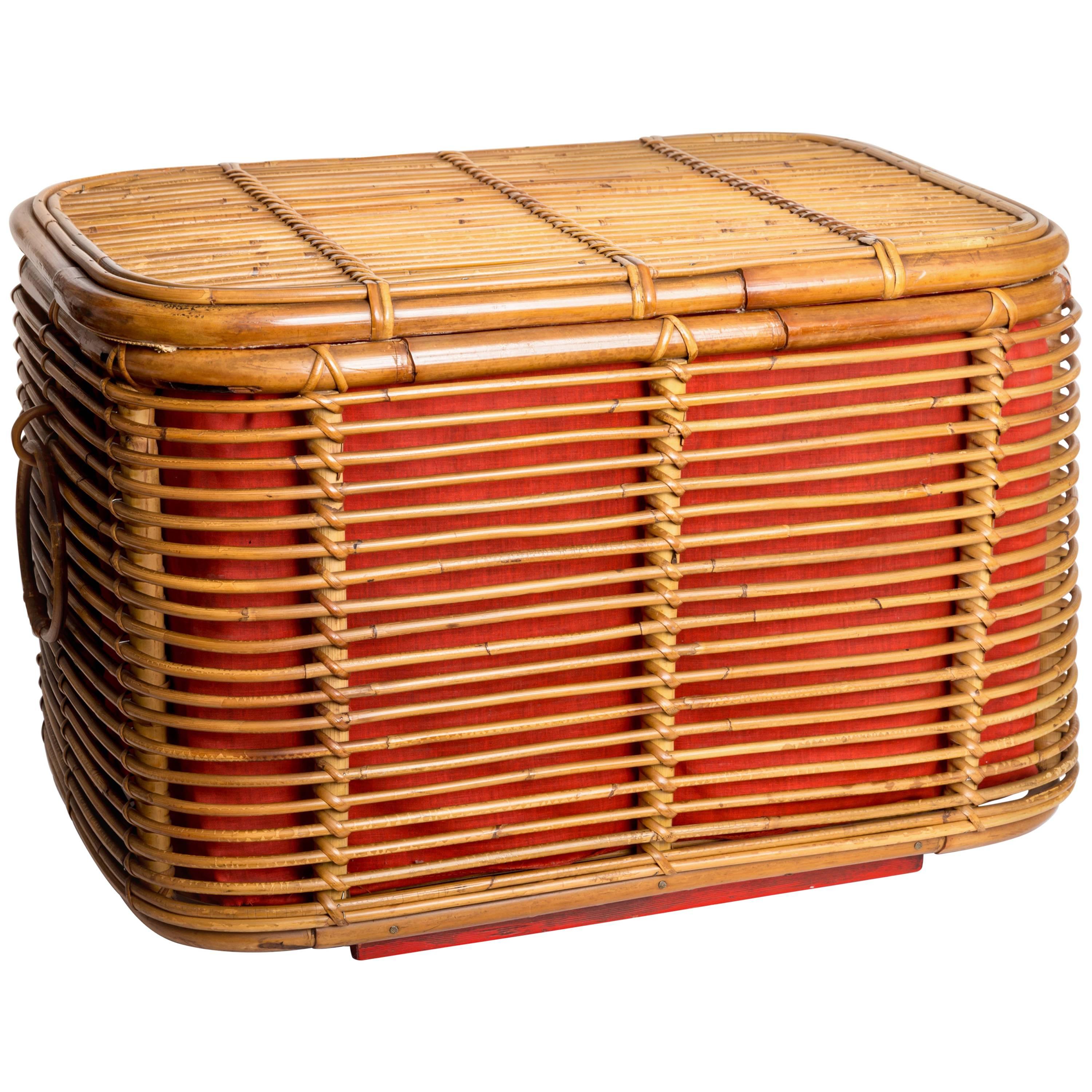 Rattan Ottoman or Storage Chest with Fabric Lining