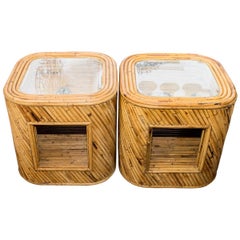 Pair of Rattan Side Cabinets with Glass Tops and Bottom Shelves
