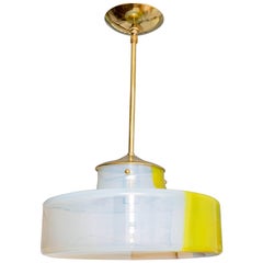 Opaque Glass with Yellow Stripe Pendant with Brass Detail by Mazzega