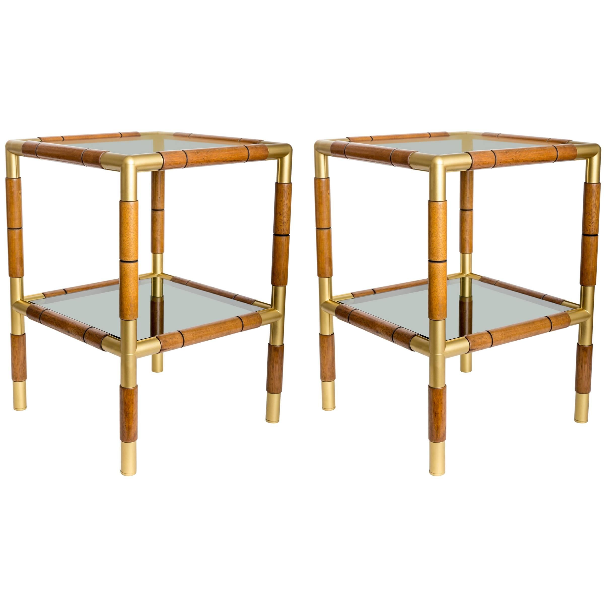 Pair of Wood, Metal and Tinted Glass Side Tables with Two Shelves