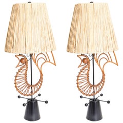 Retro Pair of Rattan and Metal Lamps in Rooster Form by Fredric Weinberg