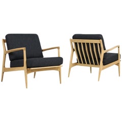 Pair of 1960s Ib Kofod Larsen Danish Beechwood Easy Chairs, New Upholstery