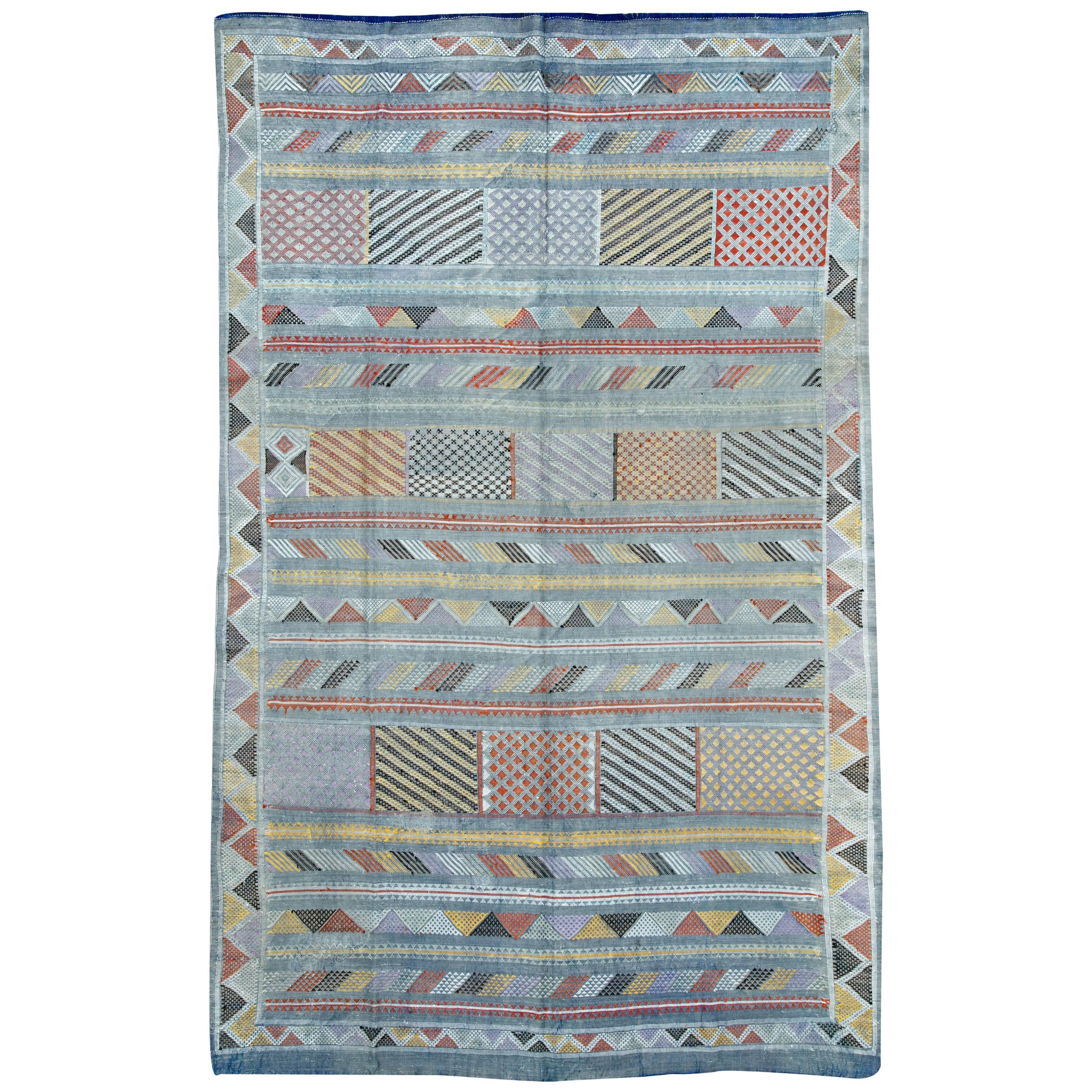 Silk Moroccan Boho-Chic Flatweave Rug In A Slate Blue Shade For Sale