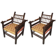 Unusual Pair of Spindle Back Armchairs with Woven Seats 1