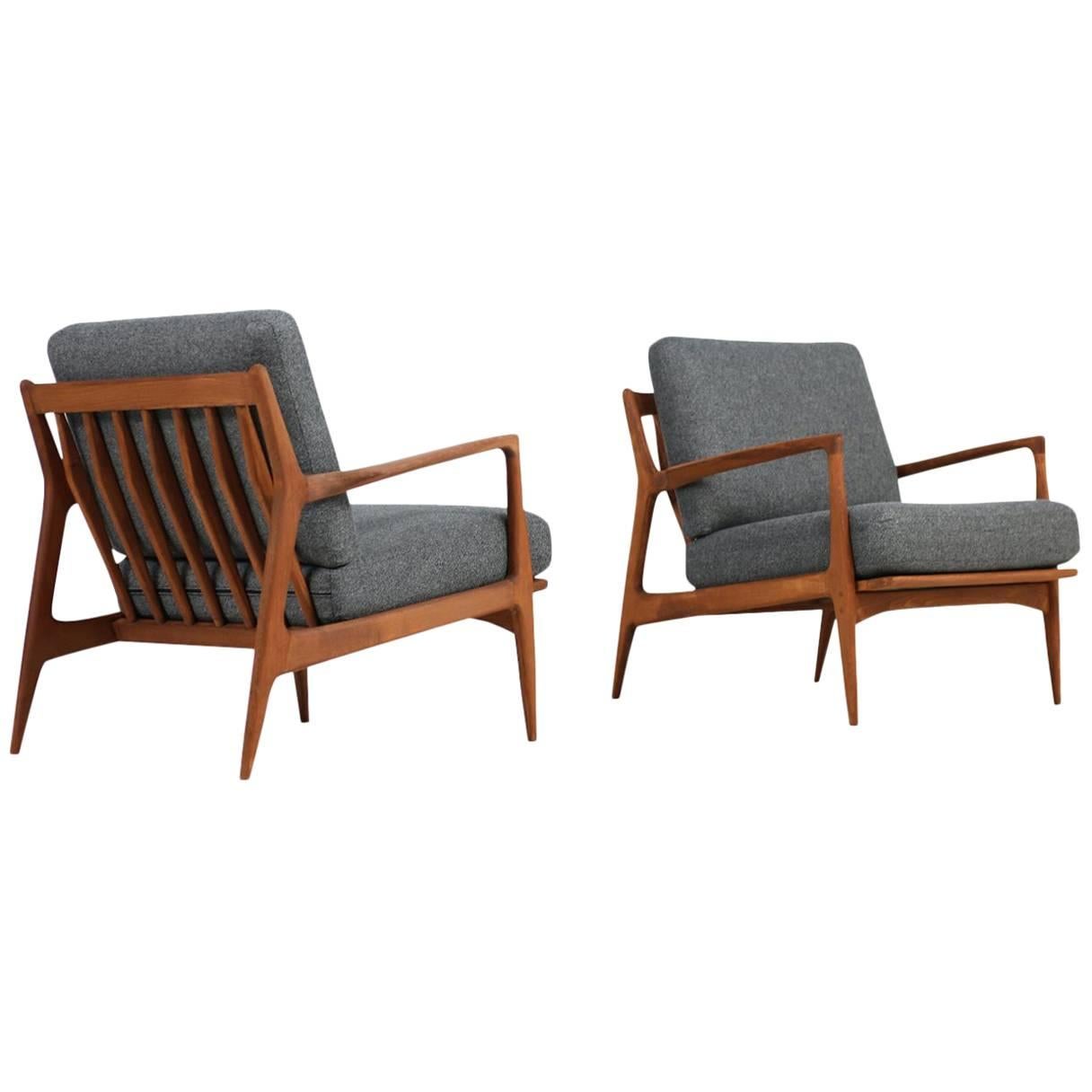 Pair of 1960s Ib Kofod Larsen Danish Easy Chairs Teak New Upholstery