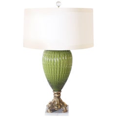 Green Murano Glass Lamp with Original Brass and Marble Base, circa 1950