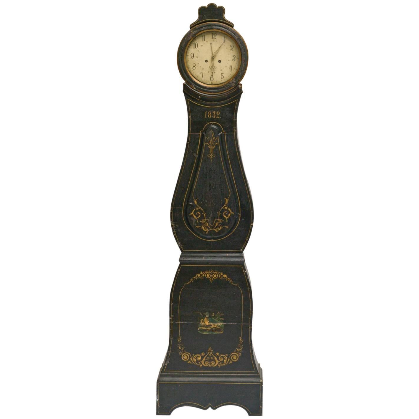 Swedish Mora Clock Black and Gold Carved Detail Hand-Painted Early 1800s