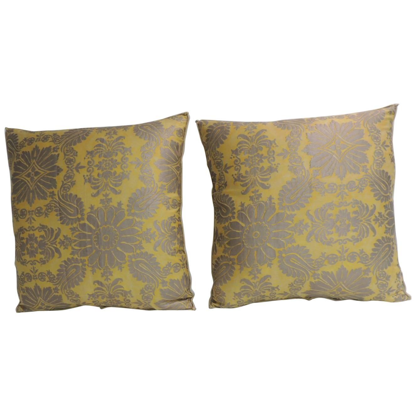Pair of Vintage Yellow and Gold Floral Fortuny Decorative Pillows