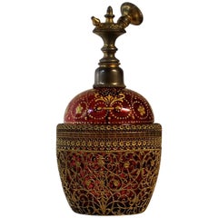 Cranberry Glass Perfume Bottle with Filigree and Gold Enamel