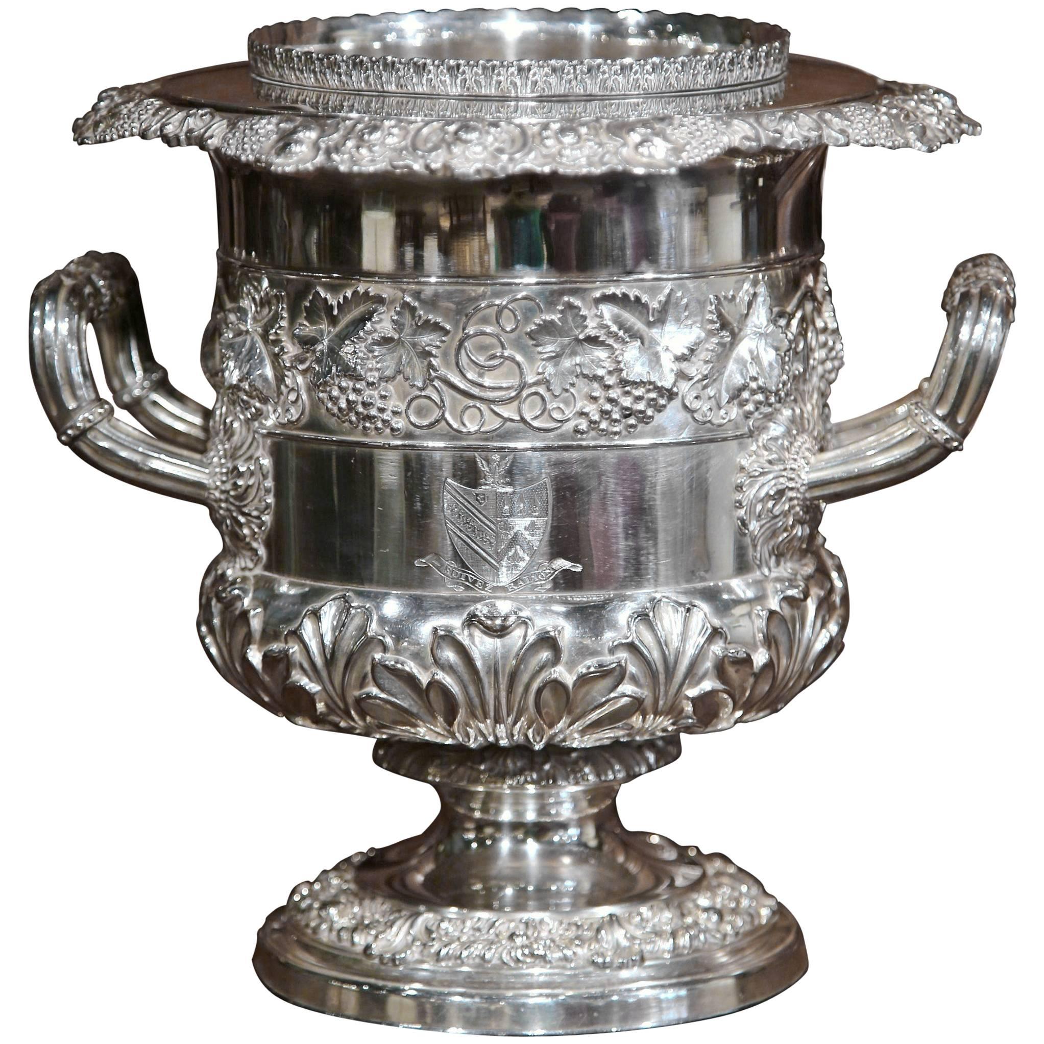 Early 20th Century English Silver Plated Wine Cooler with Engraved Coat of Arms
