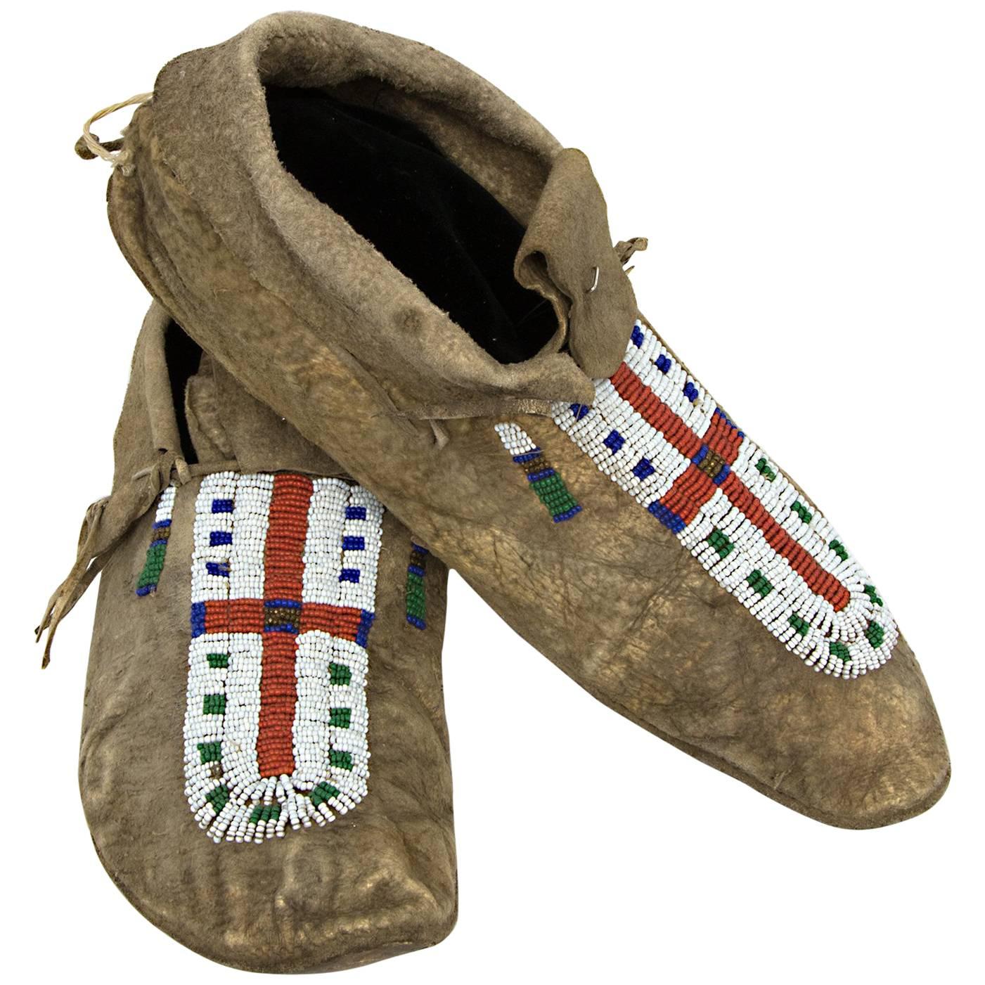 Antique Native American Beaded Moccasins, 19th Century, Plains