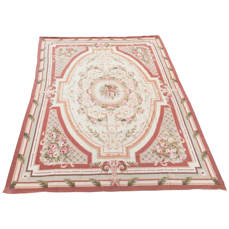 Floral Wool Needlepoint Aubusson Rug 9' x 12' at 1stDibs
