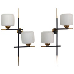 Pair of Linear Modernist Sconces with Opaline Glass Shades by Gaston Fossati