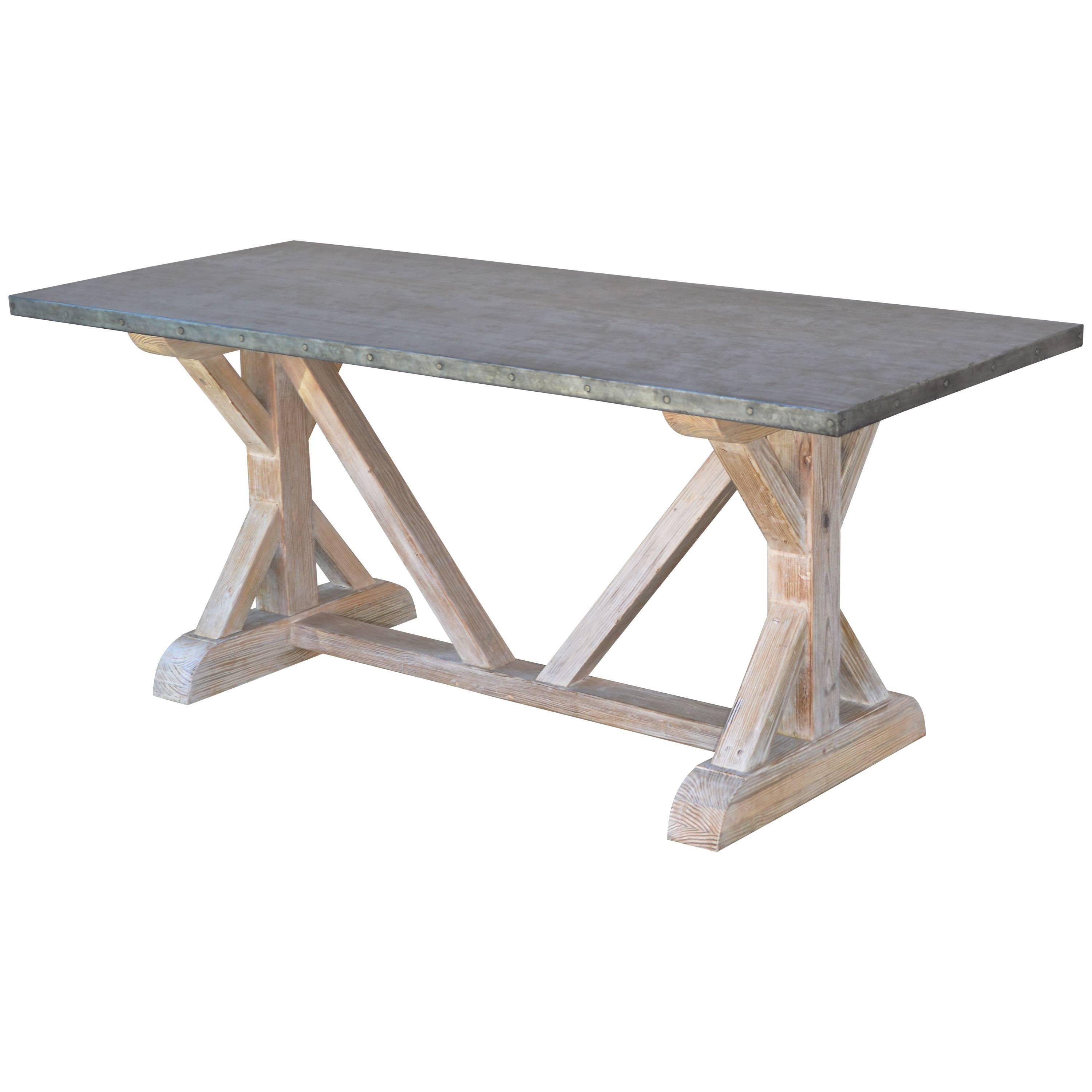 Zinc Top Farm Table in Vintage Heart-Pine, Made to Order by Petersen Antiques For Sale