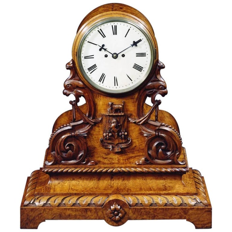 Victorian Carved Burr Elm Repeating Table Clock For Sale at 1stdibs
