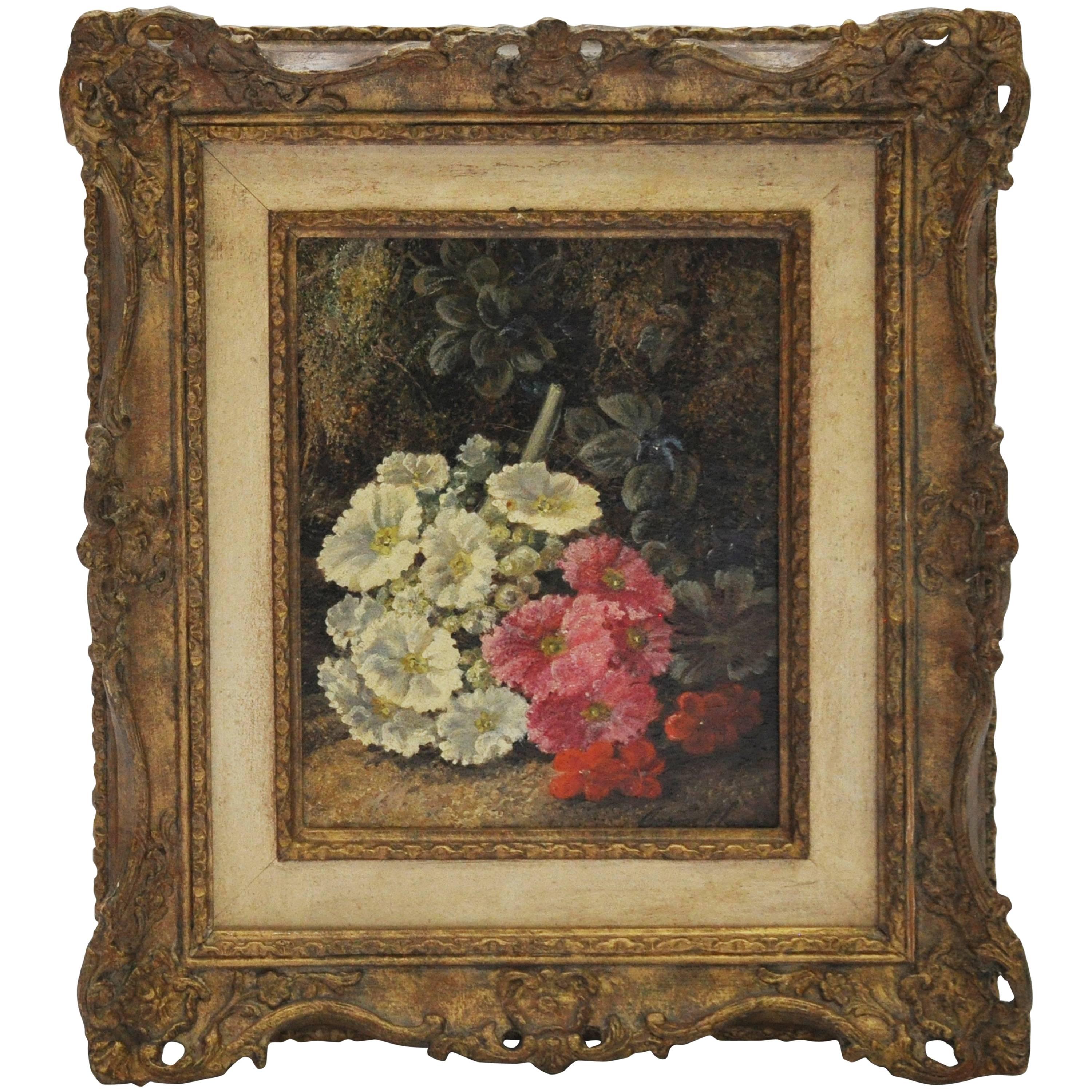 "Pink & White Flowers", Oil on Panel by Victorian Painter George Clare For Sale