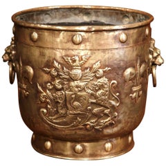 Antique Large 19th Century French Brass Bucket with Repousse Motifs and Fleur-de-Lys