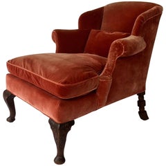 Antique Rolled Arm English Reading Chair, Silk Velvet Upholstery