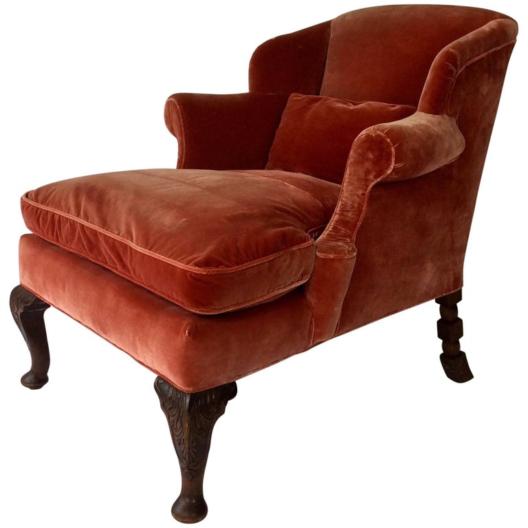 Antique Rolled Arm English Reading Chair, Silk Velvet Upholstery At Antique Rolled Arm English Reading Chair, Silk Velvet Upholstery For Sale - Antique Rolled Arm English Reading Chair, Silk Velvet Upholstery At
