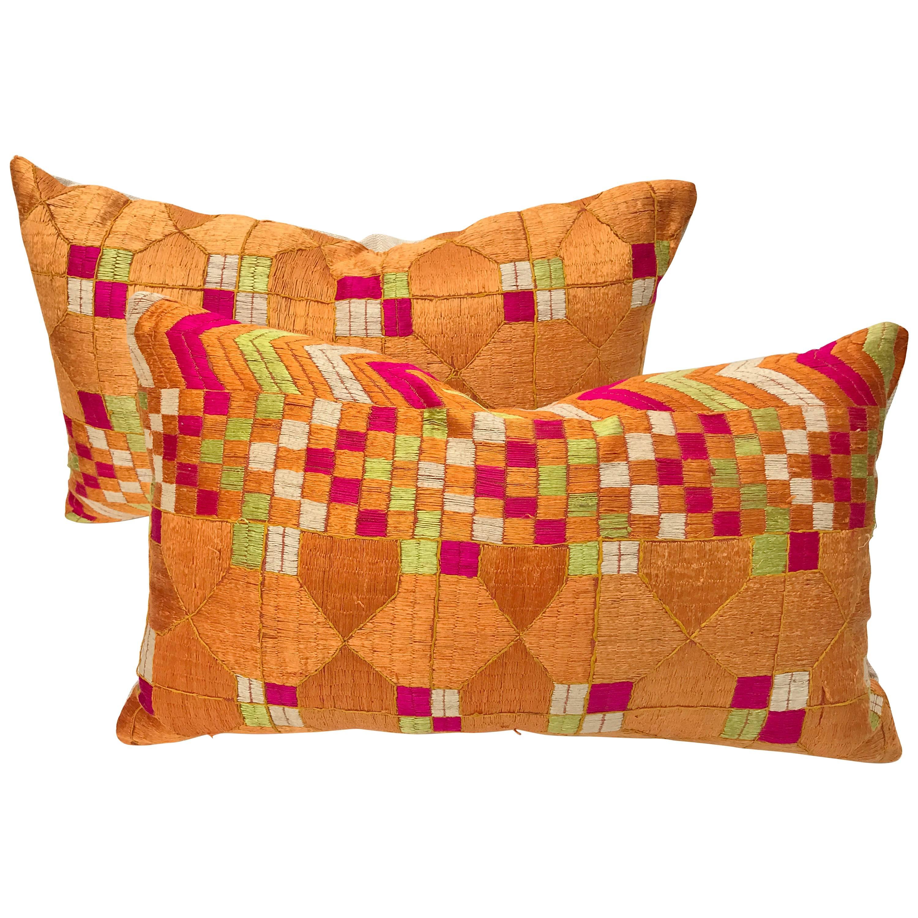 Custom Pair of Silk Embroidered Phulkari Bagh Pillow, Punjab, India For Sale