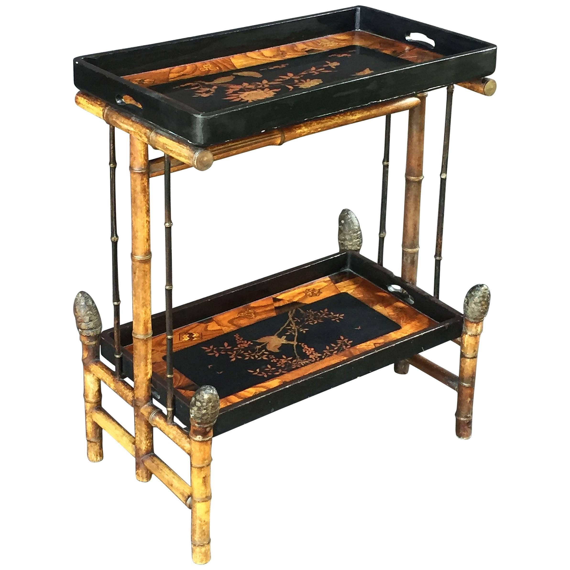 English Bamboo Tray Table with Japan Lacquered Trays