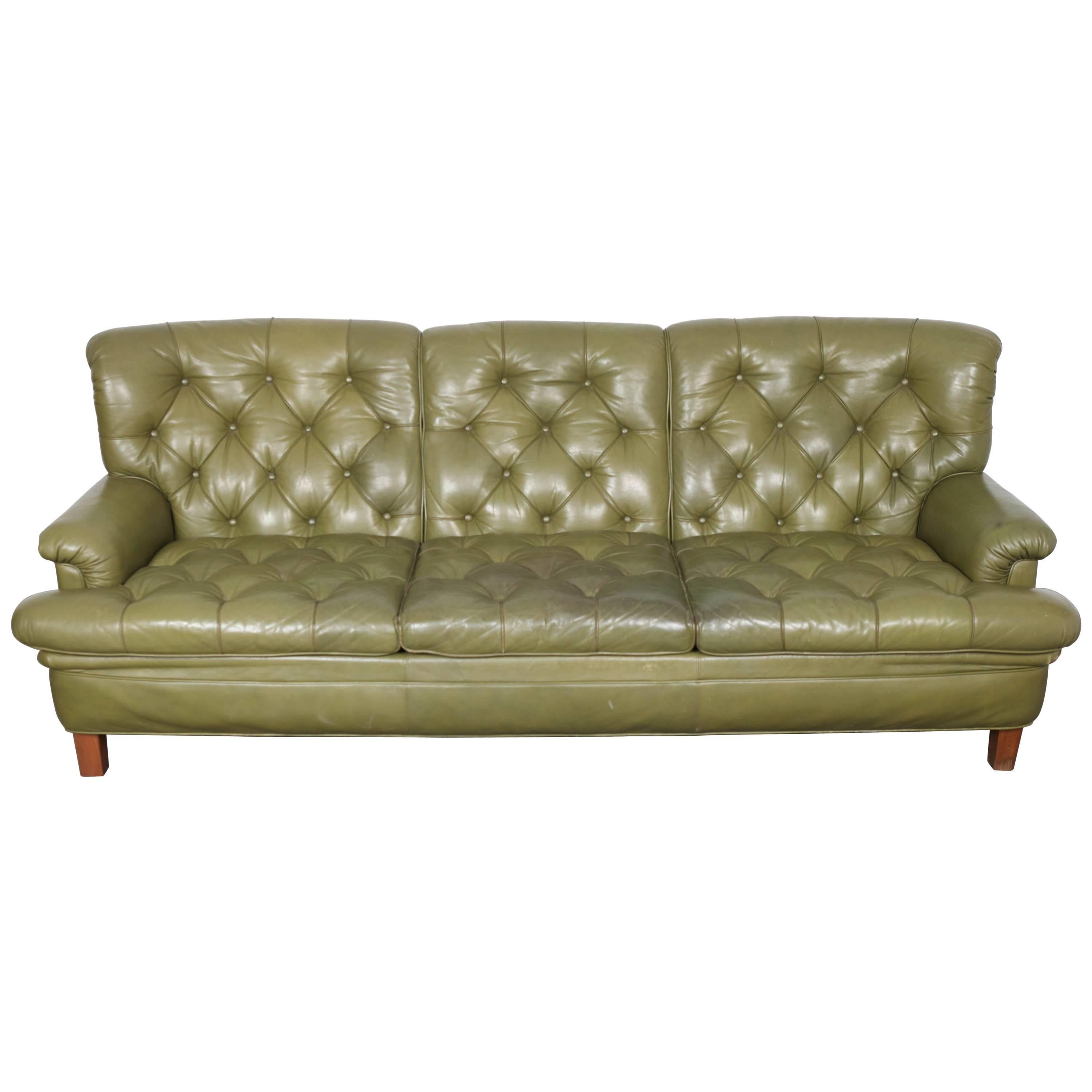 Arne Norell Three-Seat Sofa in Green Leather