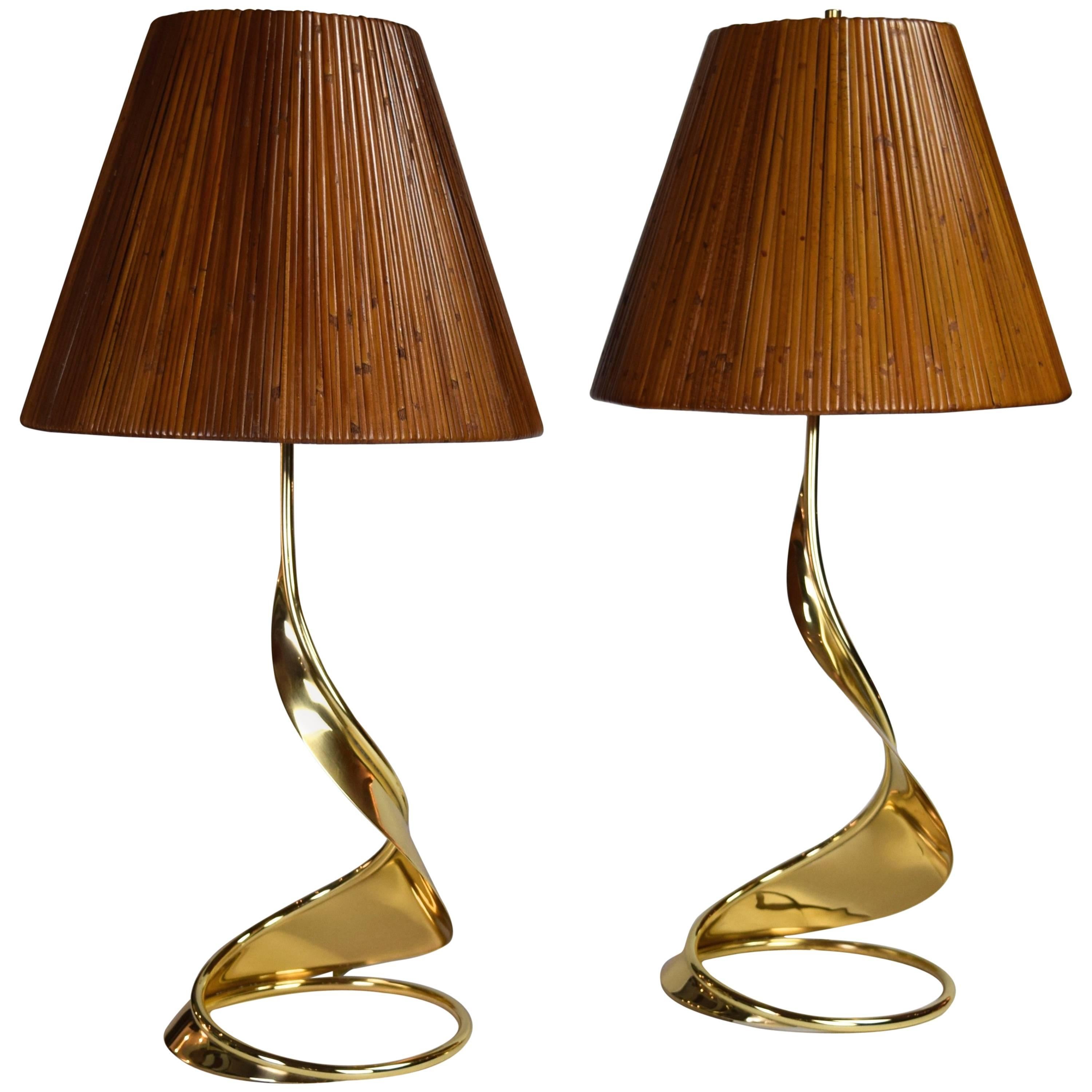 Pair of Brass Spiral Lamps with Bamboo Shades
