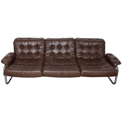 Vintage Three-Seat Brown Leather Tufted Sofa on Chrome Frame by Johann Bertil Häggström