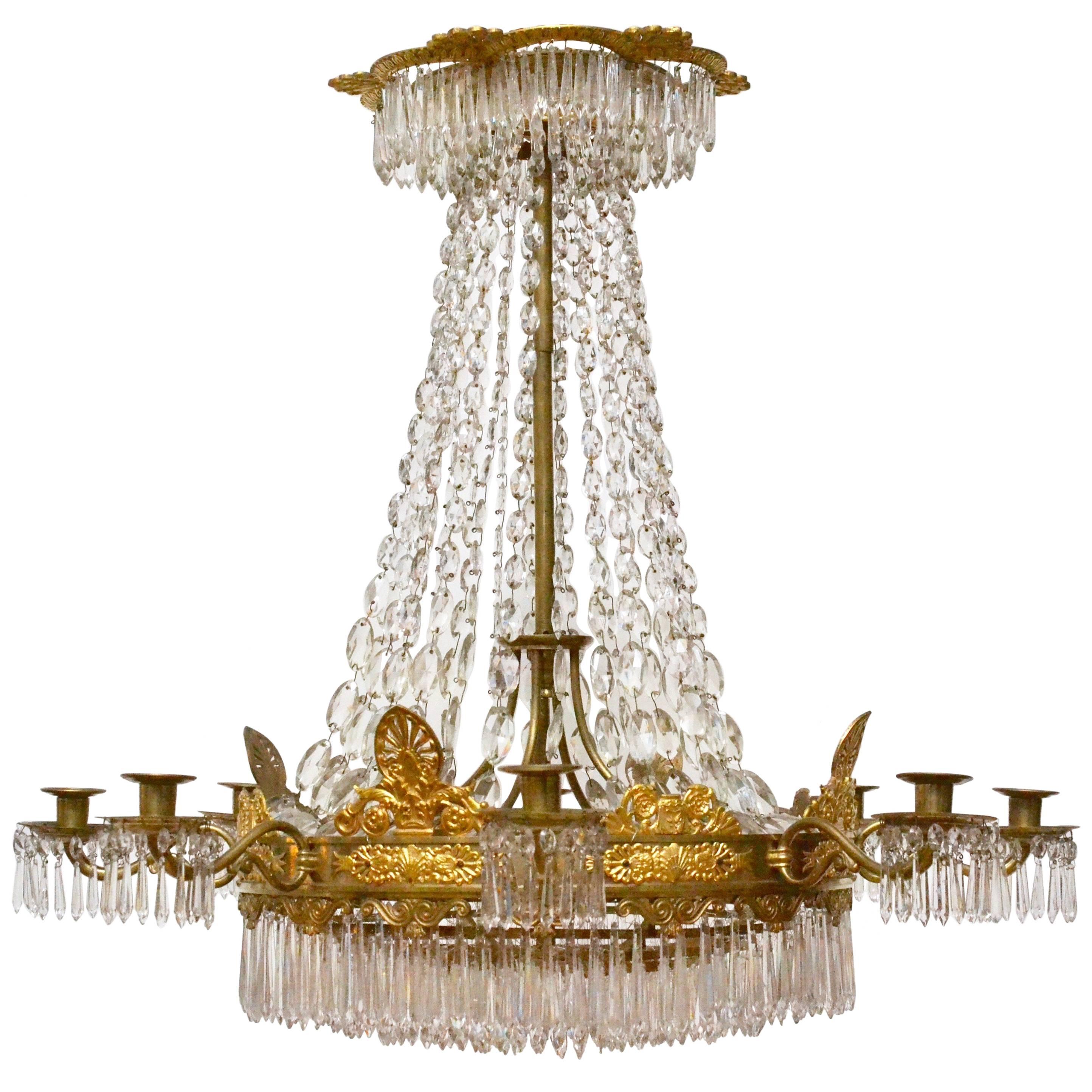 French Empire Gilt Bronze and Crystal Chandelier, Signed, circa 1825