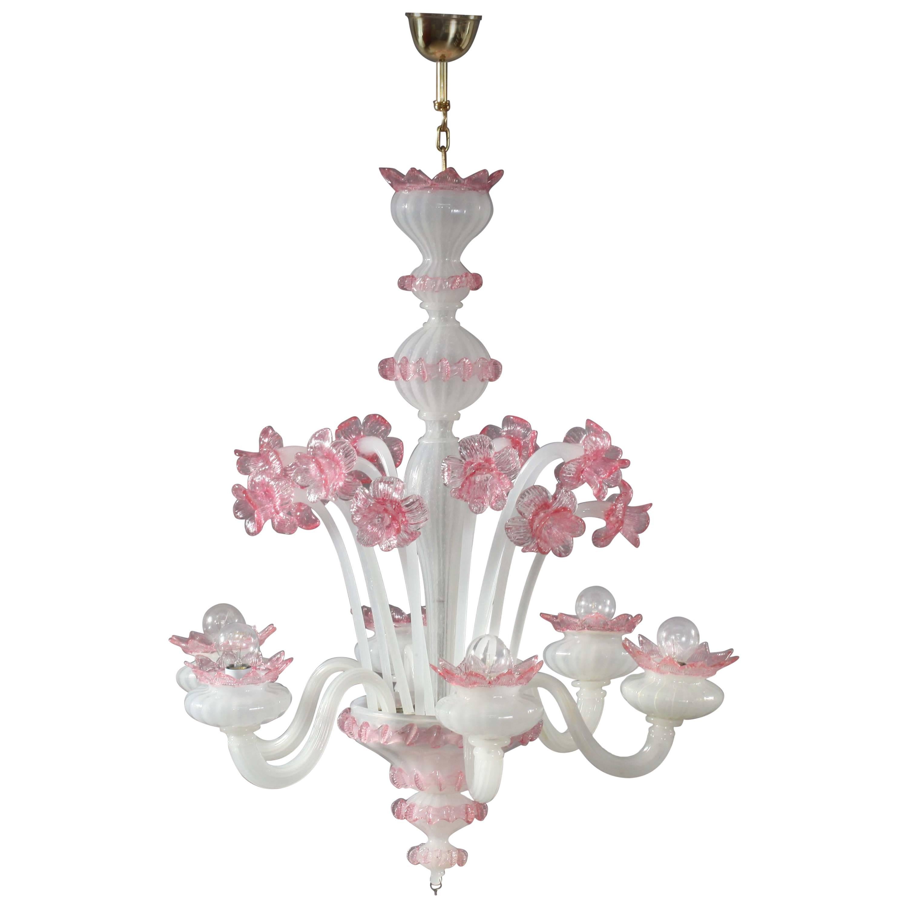Pink and White Murano Blown Glass Chandelier with Pink Flowers, circa 1940