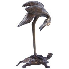 Japanese Bronze Sculpture of an Egret and a Turtle