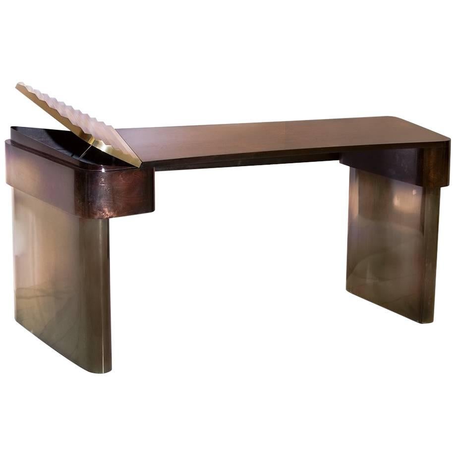 Moon Desk, 21st Century Collectible Design Polished Brass and Wood Veneer 