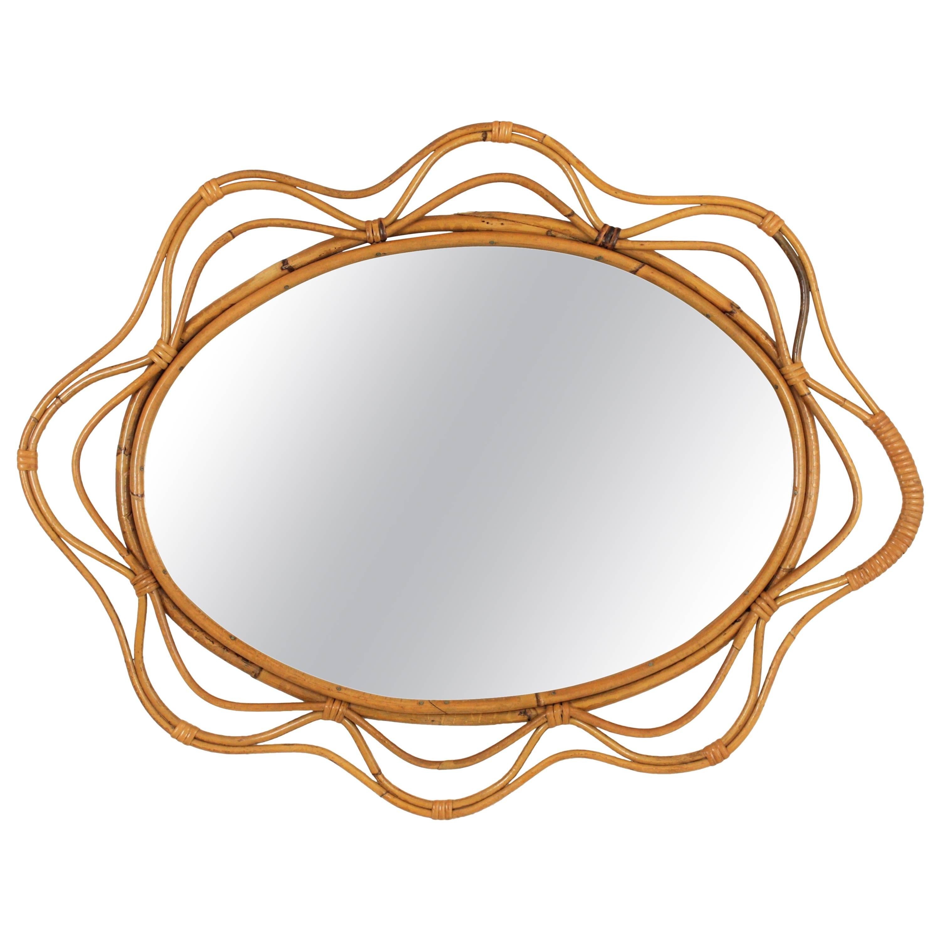 Unusual Spanish 1950s Hand-crafted Rattan and Bamboo Wavy Decorative Mirror