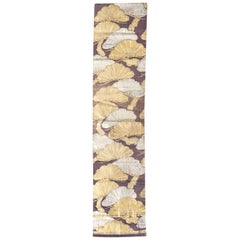 1960s Purple Japanese Obi Table Runner with a Silver and Gold Ginkgo Leaf Motif