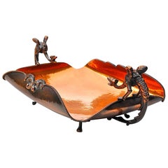 Retro Delicately Hammered Copper Dish with Dragon Handles, circa 1950s