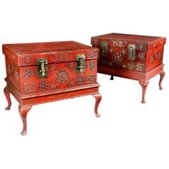 Antique Pair of Early 20th Century Chinese Red Leather Trunks on Stands, Lamp Tables
