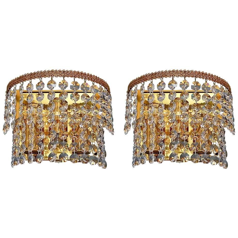Pair Palwa Sconces Wall Lights Gilt Brass Faceted Crystal Glass Leaf Decor 1960s