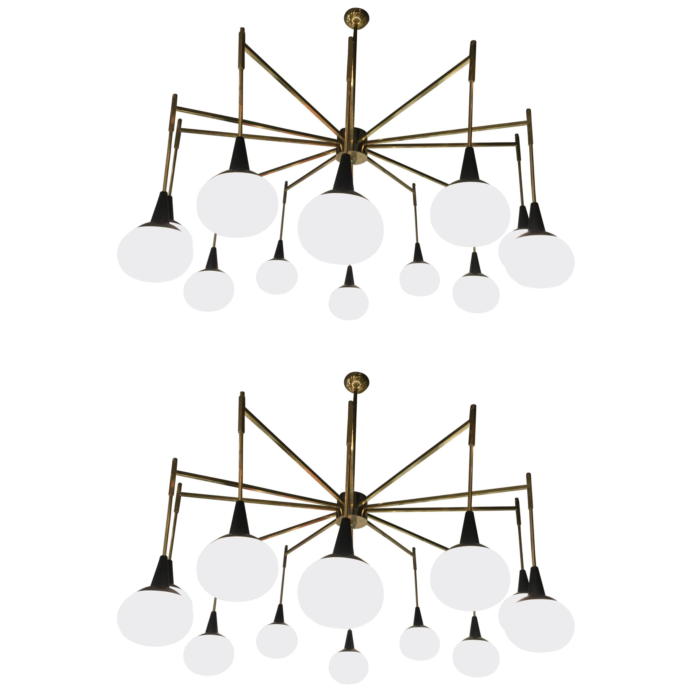 Modernist Chandelier in Brass with Glass Shades, Italy 1960s For Sale