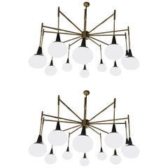 Pair of Italian Modernist Chandeliers in Brass with Opaline Glass Shades