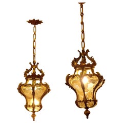 Pair of Cut-Glass and Bronze Hall Lanterns in Baroque Style, France, circa 1890