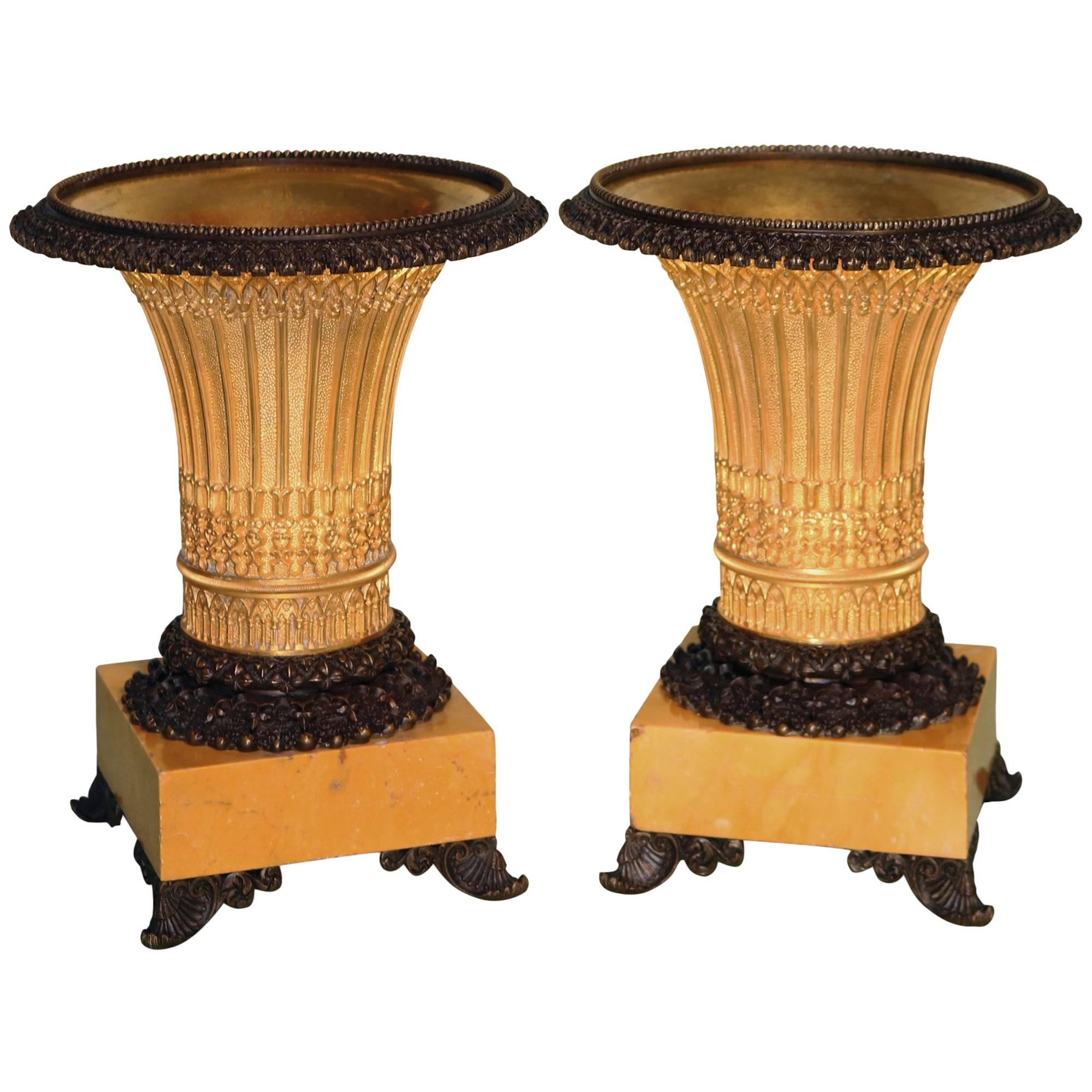 19th Century bronze and ormolu Gothic style vase-shaped tazzas