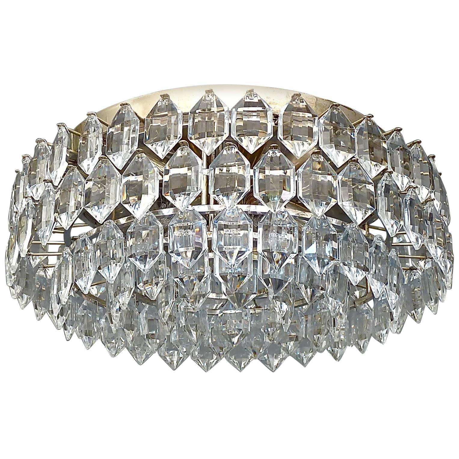 Bakalowits Midcentury Flush Mount Lamp Silvered Brass Faceted Crystal Glass