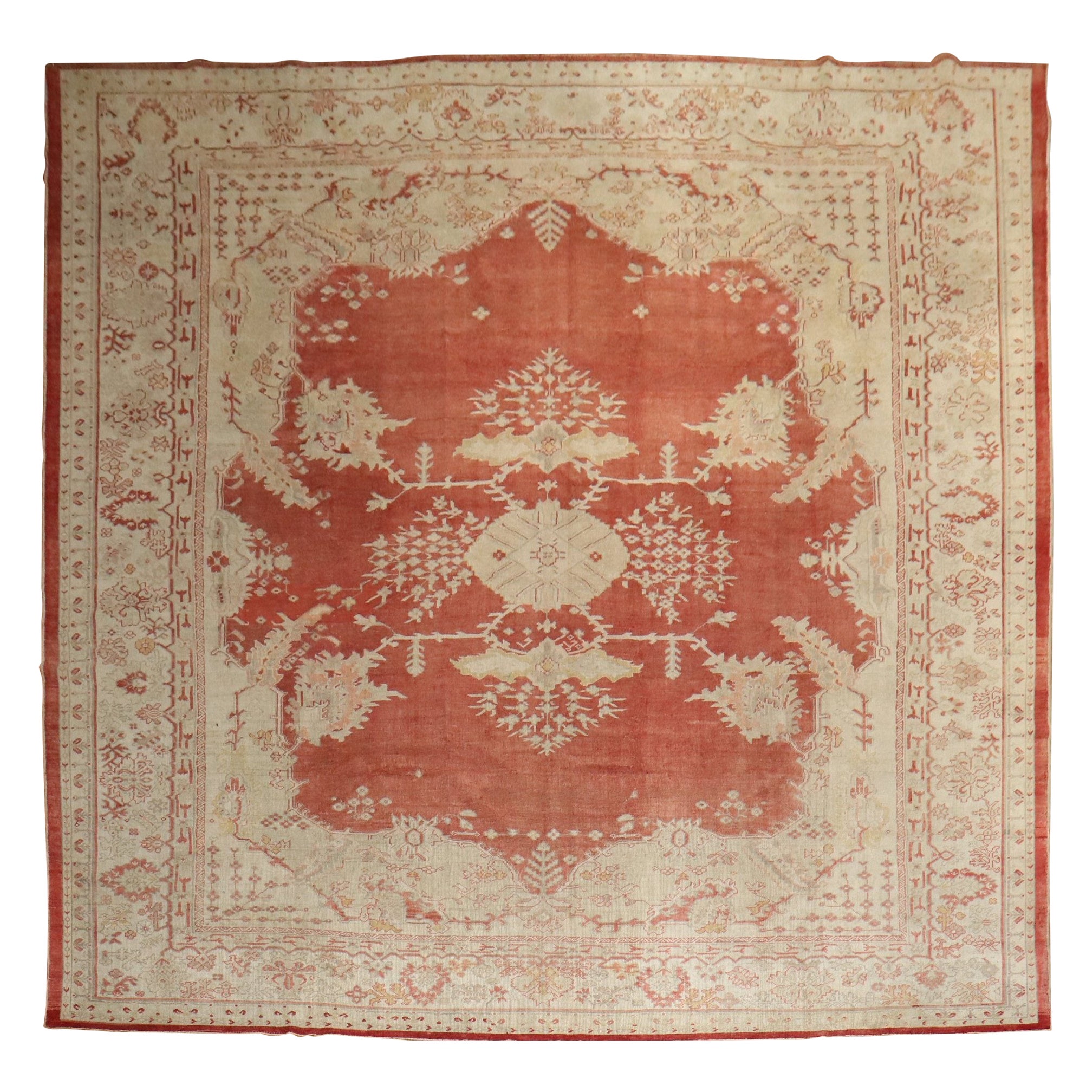 Zabihi Collection Red Large Square Oversize Antique Oushak Rug For Sale