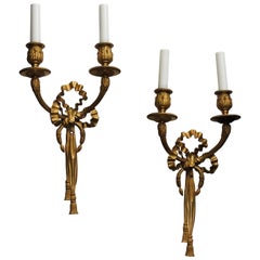 Pair of French Dore Bronze Caldwell Ribbon Tassel Wreath Two-Arm Sconces